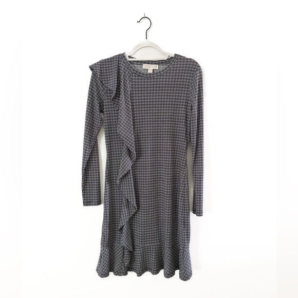 Michael Michael Kors Long Sleeve Houndstooth Dress With Ruffle - Women’s Small - Picture 1 of 2